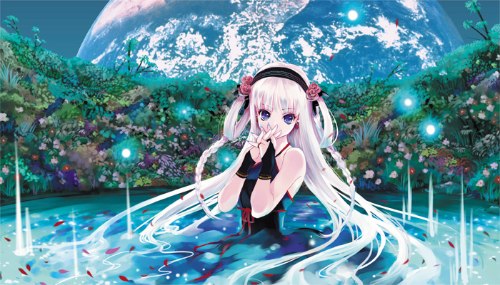 blue_eyes cradle_(artist) dress earth flower gloves hairband kuroya_shinobu long_hair nature original scenery space water white_hair