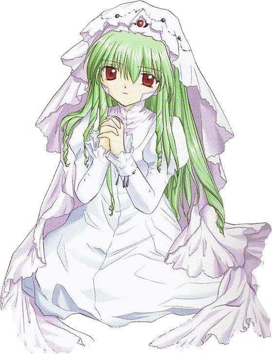 00s 1girl bandaid broccoli_(company) dress full_body galaxy_angel green_hair hands_together interlocked_fingers long_hair long_sleeves looking_at_viewer praying red_eyes simple_background sitting solo vanilla_h veil very_long_hair white_background white_dress
