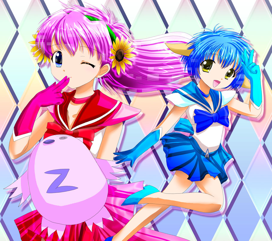 2girls animal_ears bishoujo_senshi_sailor_moon blue_eyes blue_gloves blue_hair blue_skirt broccoli_(company) chibi_usa_(cosplay) collar cosplay flower galaxy_angel gloves hairband long_hair milfeulle_sakuraba mint_blancmanche mizuno_ami_(cosplay) multiple_girls namamo_nanase normad parody pink_gloves pink_hair sailor_chibi_moon_(cosplay) sailor_mercury_(cosplay) sailor_senshi sailor_senshi_(cosplay) school_uniform serafuku skirt sunflower yellow_eyes