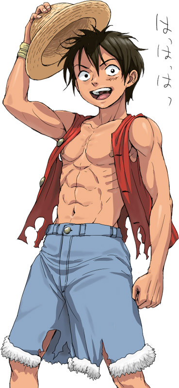 1boy abs black_hair brown_hair clenched_hand hand_on_headwear happy hat long_image male_focus monkey_d_luffy muscle nigou nipples one_piece open_clothes pirate scar shorts simple_background smile solo standing straw_hat tall_image torn_clothes vest