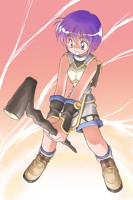 1girl :d ankle_boots arm_warmers backpack bag bare_shoulders belt blue_hair blush boots full_body green_eyes hands_together holding open_mouth purple_hair ragnarok_online rod short_hair shorts sleeveless smile solo staff super_novice v_arms vest wand