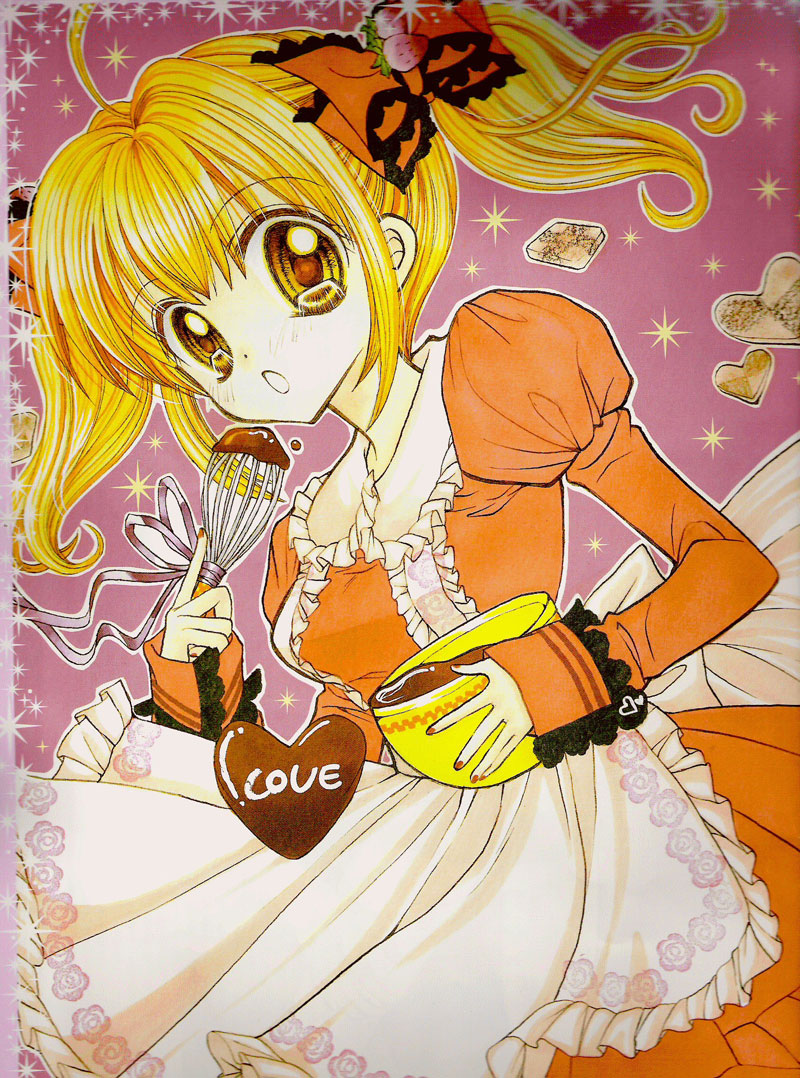 00s 1girl :o ahoge apron blonde_hair blush bowl brown_eyes chocolate chocolate_heart cooking dress floral_print food food_themed_clothes frills fruit hair_ornament hair_ribbon hanamori_pink heart lace long_hair maid maid_apron mermaid_melody_pichi_pichi_pitch nail_polish nanami_lucia official_art open_mouth orange_dress red_nails ribbon scan short_twintails solo sparkle strawberry surprised twintails valentine whisk yellow_eyes