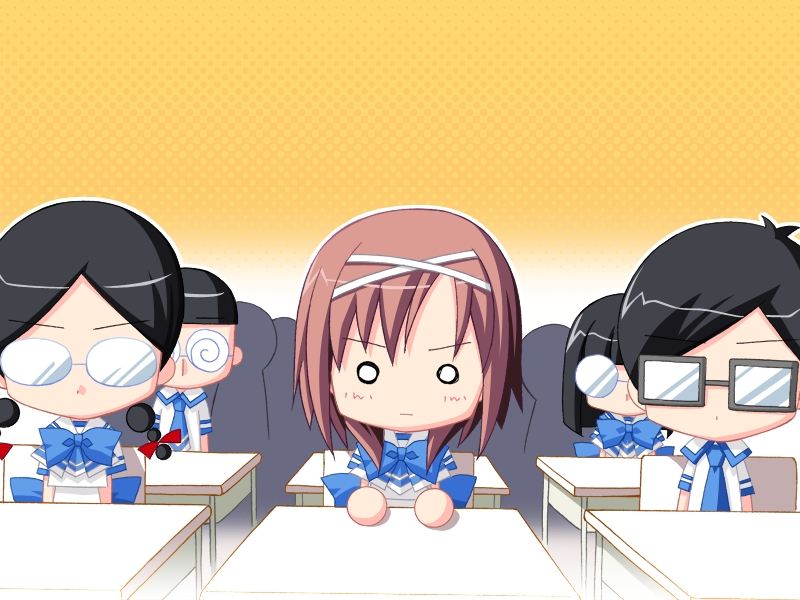 2boys 3girls chibi choco_chip classroom coke-bottle_glasses game_cg glasses himukai_haruka multiple_boys multiple_girls o_o opaque_glasses school_project school_uniform serafuku