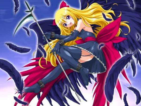 1girl angel angel_wings black_wings blonde_hair boots bow bowtie breasts buckle dress elbow_gloves feathers fifth garters gloves hair_bow lingerie long_hair nonohara_miki open_mouth scythe small_breasts smile solo thigh-highs thigh_boots underwear upskirt violet_eyes wings