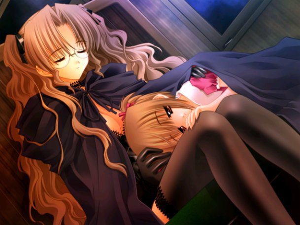 00s 2girls age_difference bangs black_gloves black_legwear breasts brown_hair carnelian child choker cleavage dutch_angle game_cg glasses gloves hair_ribbon half-closed_eyes indoors lace lap_pillow large_breasts long_hair lying multiple_girls night on_stomach parted_bangs red_eyes ribbon rimless_glasses ritsuko_(yamibou) robe short_hair short_sleeves short_twintails sitting thigh-highs twintails two_side_up very_long_hair window yami_to_boushi_to_hon_no_tabibito