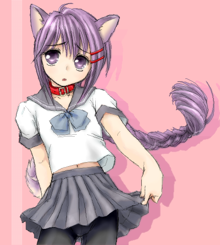 1boy angelous_lazward animal_ears black_legwear bow braid cat_ears cat_tail collar lowres male_focus oekaki original panties panties_under_pantyhose pantyhose purple_hair school_uniform seamed_legwear serafuku single_braid solo sovereign_(yagisaka_seto) tail trap underwear violet_eyes yagisaka_seto