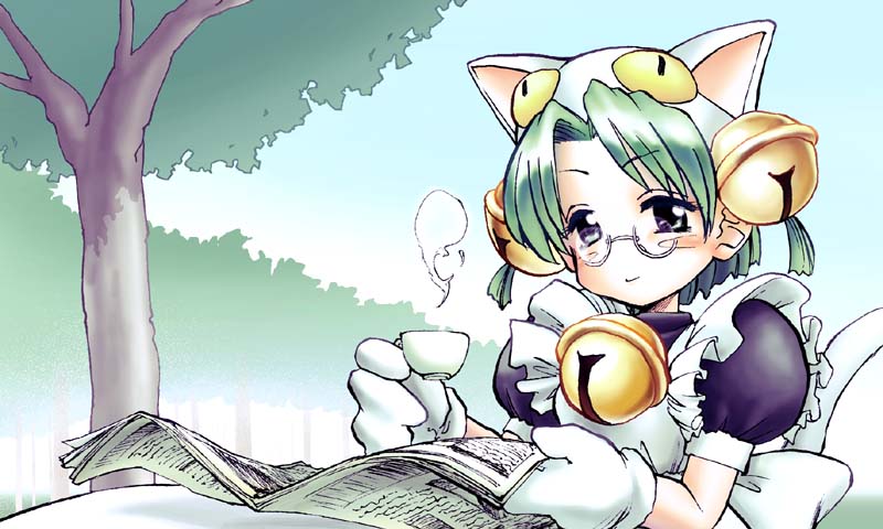 1girl animal_hat apron bell blue_eyes blush cat_hat cup dejiko di_gi_charat emma emma_(victorian_romance_emma) glasses green_hair hair_ornament hat jingle_bell katou_ryouichi newspaper outdoors parody plant puffy_short_sleeves puffy_sleeves reading short_sleeves smile solo steam tree victorian_romance_emma