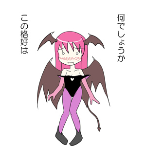 1girl bare_shoulders bat_wings blush capcom chibi cosplay crossover demon_girl demon_tail des head_wings koakuma lowres morrigan_aensland morrigan_aensland_(cosplay) pantyhose parody simple_background solo succubus tail the_embodiment_of_scarlet_devil touhou translation_request vampire_(game) wings