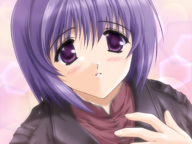 00s 1girl :o close-up comic_party eyebrows eyebrows_visible_through_hair face game_cg haga_reiko hand_on_own_chest jacket mitsumi_misato parted_lips purple_hair short_hair solo teeth upper_body violet_eyes