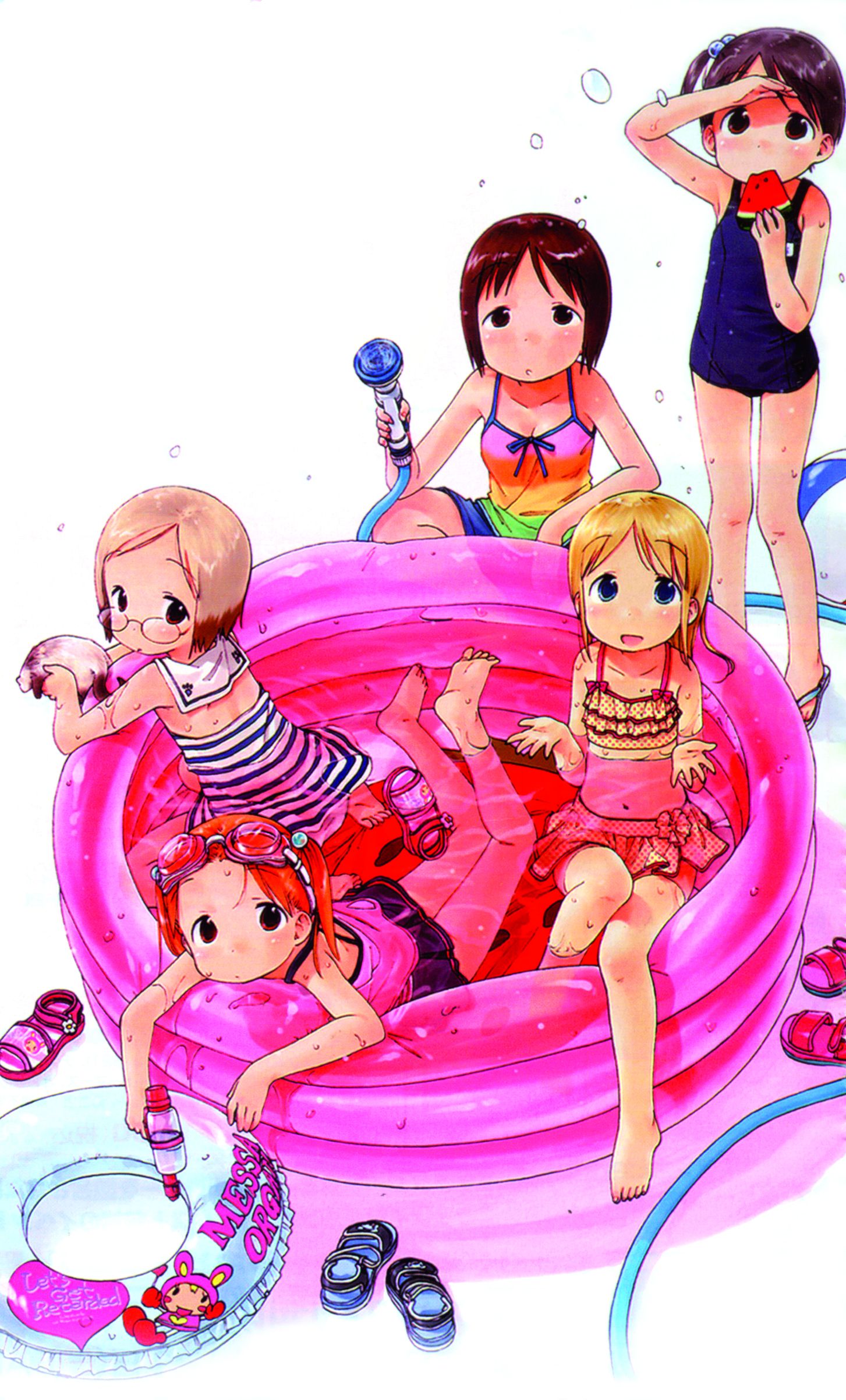 5girls absurdres ana_coppola ball barasui barefoot beachball bikini blonde_hair blue_eyes blush child engrish feet food frilled_bikini frills fruit glasses goggles highres hose ichigo_mashimaro innertube itou_chika itou_nobue john long_hair matsuoka_miu multiple_girls official_art one-piece_swimsuit ranguage sakuragi_matsuri school_swimsuit shoes_removed short_hair siblings sisters slippers spray striped striped_bikini swimsuit tankini toes twintails wading_pool watermelon