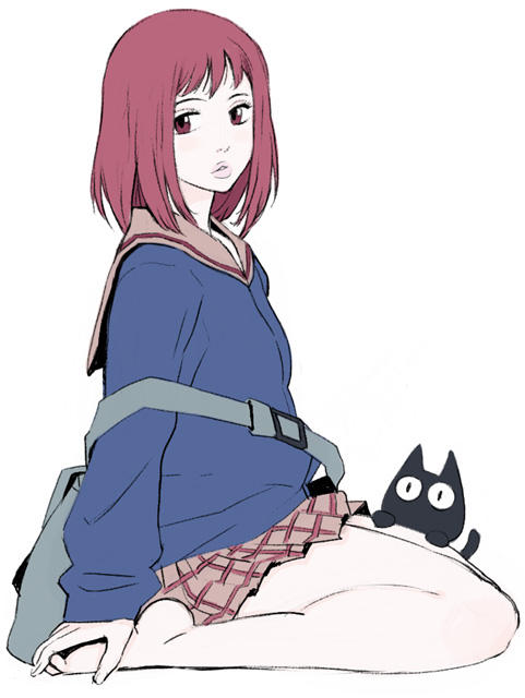 00s 1girl bag barefoot cat feet flcl kneeling lips plaid plaid_skirt red_eyes redhead samejima_mamimi school_uniform serafuku skirt solo takkun takkun_(flcl) toes