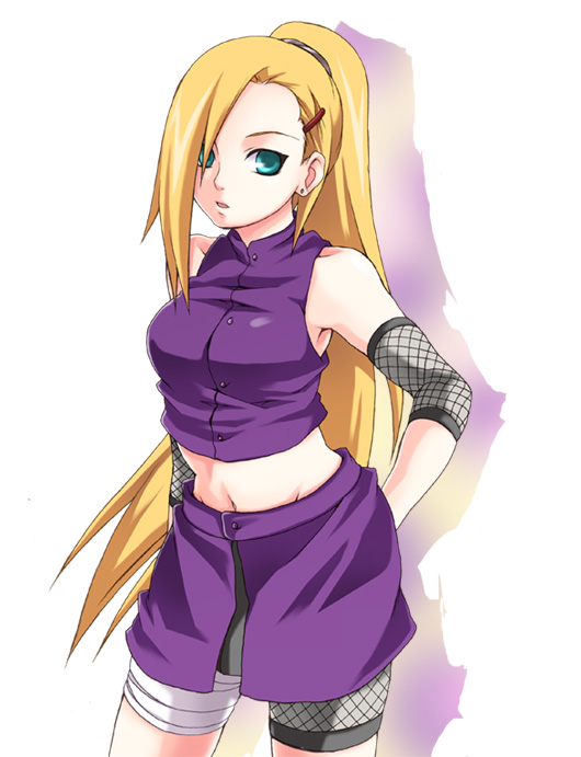 1girl blonde_hair blue_eyes hair_over_one_eye kubyou_azami long_hair midriff naruto naruto_shippuuden navel ponytail solo yamanaka_ino