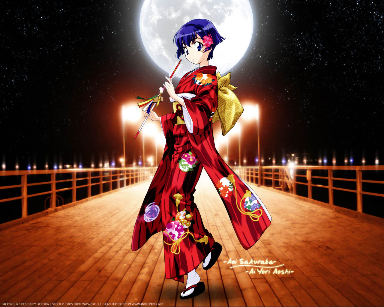 1girl ai_yori_aoshi japanese_clothes kimono moon night pier purple_hair sakuraba_aoi sky smile solo star violet_eyes wallpaper yukata
