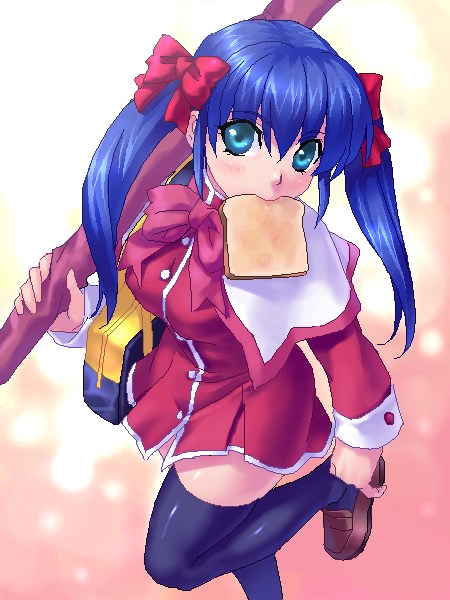 1girl bread crossover food kanon nanase_rumi one parody red_skirt school_uniform serafuku skirt solo sword thigh-highs weapon zen