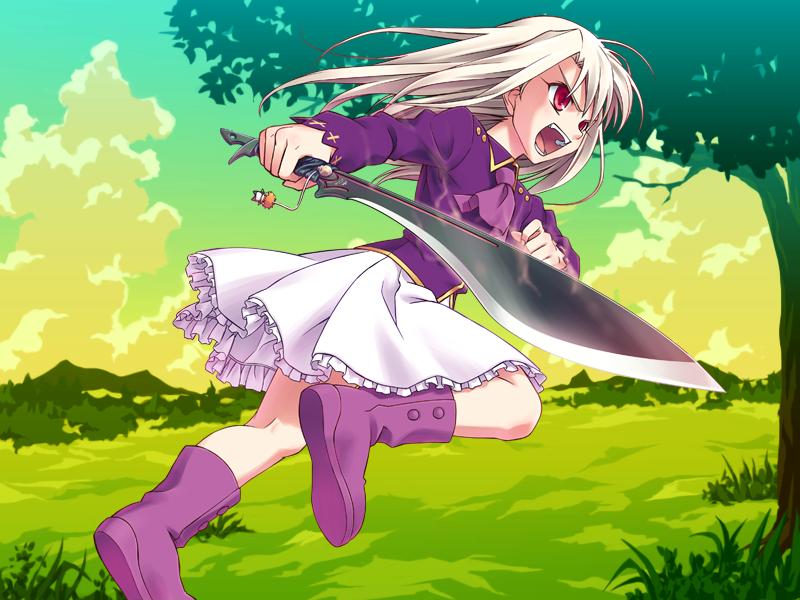 1girl boots cravat fate/hollow_ataraxia fate/stay_night fate_(series) frilled_skirt frills game_cg hiroyama_hiroshi illyasviel_von_einzbern keychain knife kukri long_hair open_mouth purple_boots red_eyes skirt solo sword weapon white_hair