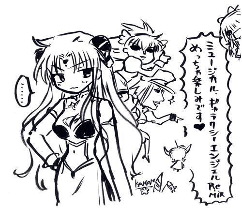 00s 5girls :3 animal_ears artist_name breasts broccoli_(company) chibi dress facial_mark flower forehead_mark forte_stollen galaxy_angel hair_flower hairpods hand_on_hip hat hips kanan long_hair lowres midriff milfeulle_sakuraba mint_blancmanche monochrome monocle multiple_girls navel peaked_cap pointing ranpha_franboise short_hair simple_background translation_request vanilla_h very_long_hair white_background