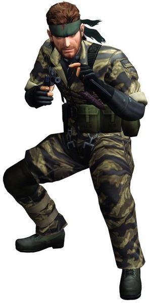 1boy big_boss brown_hair gun headband konami male_focus metal_gear_(series) metal_gear_solid_3 naked_snake solo weapon white_background