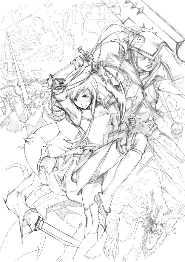 1girl 4boys areolae armor armpits arms_up blush boots breasts clenched_teeth dagger dragon fantasy full_armor full_body gauntlets helmet holding holding_sword holding_weapon lance monochrome multiple_boys open_mouth original parted_lips polearm princess_spirit shaded_face sharp_teeth sketch small_breasts sword tabard teeth thigh-highs thigh_boots under_boob weapon