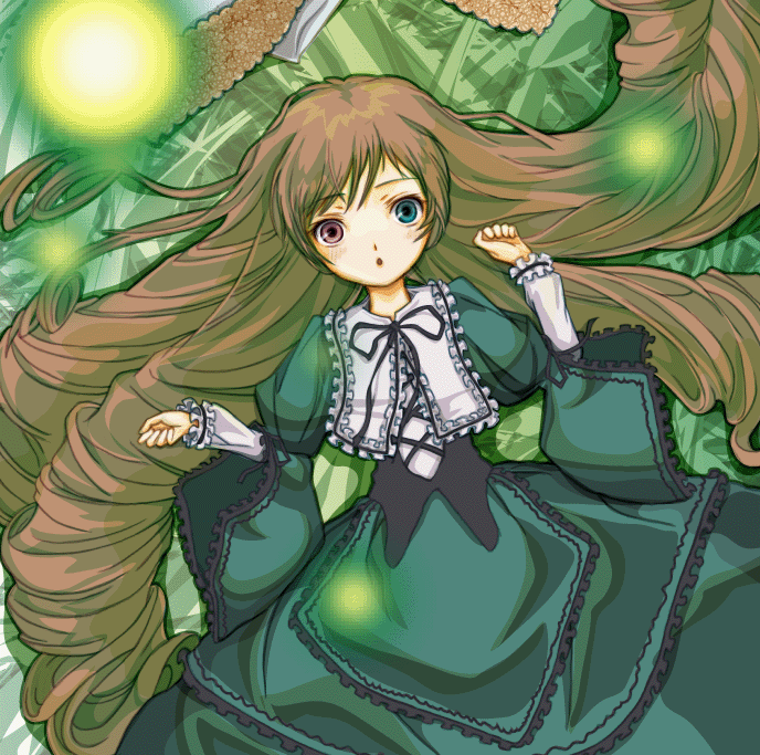 00s 1girl :o bonnet brown_eyes brown_hair dress drill_hair firefly frills from_above green green_background green_dress green_eyes headwear_removed heterochromia long_hair looking_at_viewer lying neck_ribbon otoufu ribbon rozen_maiden solo suiseiseki very_long_hair
