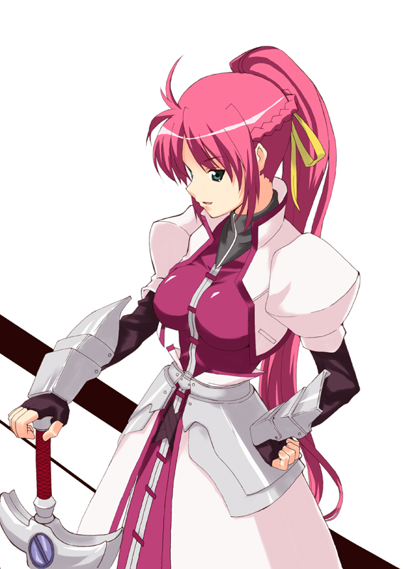 1girl arm_guards breasts date_(senpen) faulds hand_on_hilt hand_on_hip levantine long_hair looking_at_viewer lyrical_nanoha mahou_shoujo_lyrical_nanoha mahou_shoujo_lyrical_nanoha_a's pink_hair ponytail puffy_sleeves signum simple_background solo standing sword very_long_hair weapon