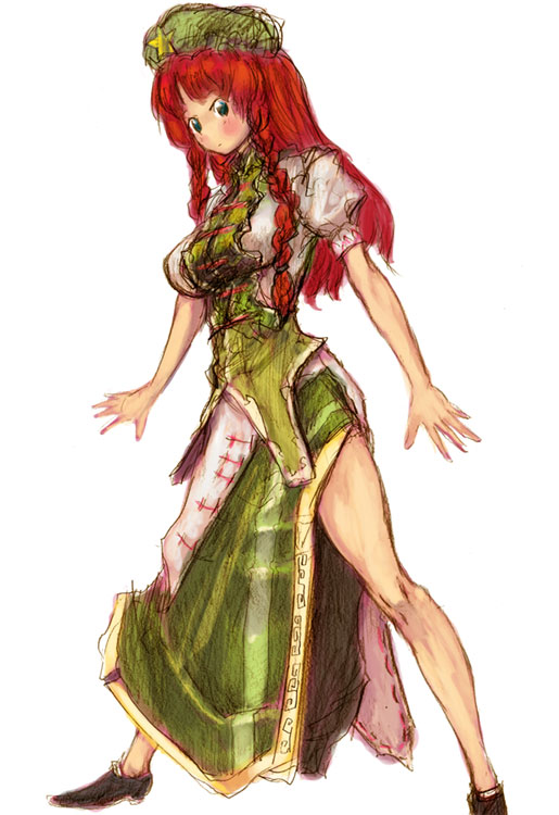 1girl binayu blush braid female full_body green_hat hat hong_meiling long_hair looking_at_viewer puffy_short_sleeves puffy_sleeves redhead shoes short_sleeves side_slit solo standing star thighs touhou twin_braids white_background