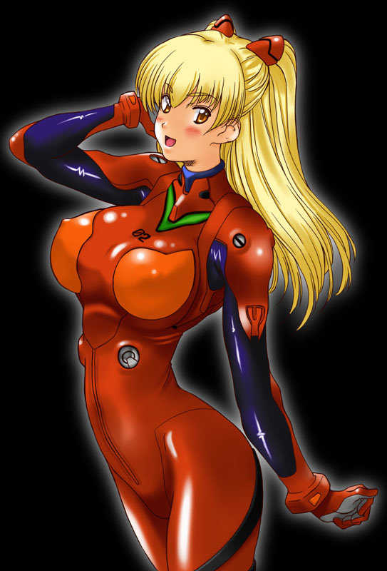 1girl :d adjusting_hair bangs black_background blonde_hair blush bodysuit bracer breasts clenched_hand cosplay erect_nipples eyebrows eyebrows_visible_through_hair from_side gloves gradient gradient_background hand_up happy headgear kamia_(not_found) large_breasts latex legs_together long_hair looking_at_viewer matsuoka_kiyone neon_genesis_evangelion number open_mouth orange_eyes original outline pilot_suit plugsuit plugsuit_(cosplay) shiny shiny_clothes simple_background slender_waist smile solo souryuu_asuka_langley souryuu_asuka_langley_(cosplay) turtleneck two_side_up