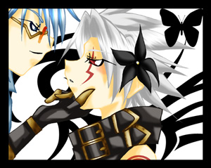 .hack// 2boys bandai cyber_connect_2 glasses hack haseo haseo_(.hack//) lowres male_focus multiple_boys ovan ovan_(.hack//) yaoi