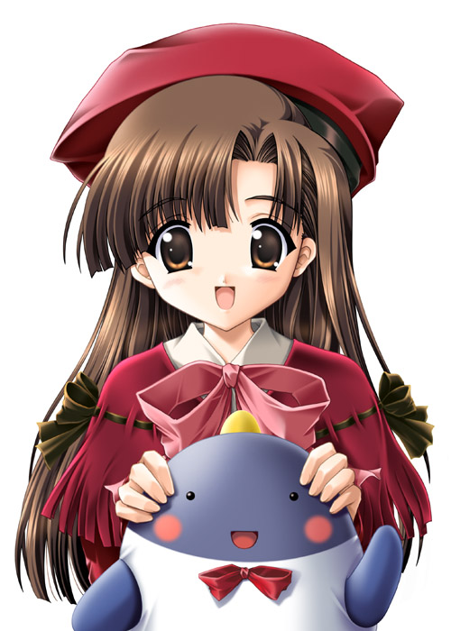 00s 1girl :d beret bird black_bow bow brown_eyes brown_hair comic_party hat ikegami_akane long_hair looking_at_viewer mikage_subaru open_mouth penguin pink_bow red_bow red_hat shawl smile solo upper_body white_background yoshio_(leaf)