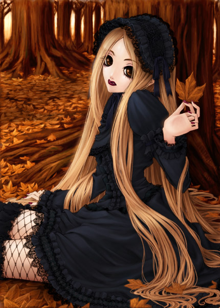 1girl autumn autumn_leaves black_clothes black_dress black_legwear blonde_hair brown_eyes dress fishnet_pantyhose fishnets forest frilled_dress frilled_sleeves frills from_side gothic gothic_lolita hairband kunishige_keiichi lace lace-trimmed_dress lipstick lolita_fashion lolita_hairband long_hair long_sleeves looking_at_viewer makeup nail_polish nature nocturne nocturne_(kunishige_keiichi) on_ground original pantyhose red_nails sitting solo tree very_long_hair