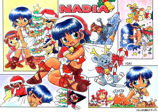 3girls 5boys 90s :d ahoge antlers bell blue_hair blush bow box bracelet brown_hair candy candy_cane character_name chibi child christmas christmas_tree clenched_teeth closed_eyes copyright_name dress earrings facial_hair food fujita_yukihisa full_body fushigi_no_umi_no_nadia gainaxtop gargoyle_(nadia) gift gift_box glasses gloves grandis_granva green_eyes grin hair_ornament hairband hairclip hanson hat holding jean_coq_de_raltigue jean_roque_raltique jewelry king_(nadia) loincloth looking_at_viewer marie_en_carlsberg multiple_boys multiple_girls mustache nadia neck_ring nemo nose_blush open_mouth parted_lips pelvic_curtain red_gloves redhead reindeer_antlers rimless_glasses sack sanson santa_costume santa_hat shoes short_hair sitting sleeping smile standing star strapless sweatdrop teeth toy tubetop vest
