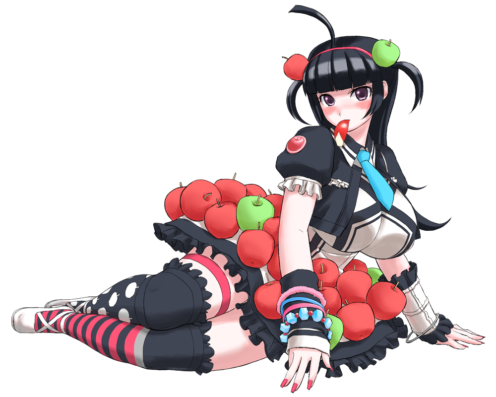 1girl apple food food_as_clothes food_themed_clothes food_themed_hair_ornament fruit hair_ornament mouth_hold original solo thigh-highs umi_no_tarako zettai_ryouiki