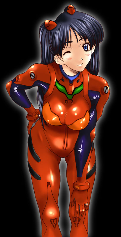 1girl black_hair breasts cosplay gradient gradient_background kamia_(not_found) large_breasts latex neon_genesis_evangelion one_eye_closed original plugsuit plugsuit_(cosplay) solo souryuu_asuka_langley twintails wink yukino_sayuri