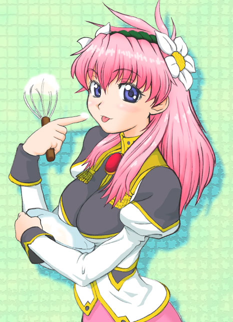 00s 1girl blue_eyes blush bowl breasts broccoli_(company) cake_batter cooking flower galaxy_angel impossible_clothes large_breasts long_hair looking_at_viewer milfeulle_sakuraba pink_hair puffy_sleeves solo tongue tongue_out whiff