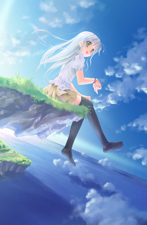 1girl blue_hair cliff clouds female floating_island flying long_hair nature ocean original outdoors plant scenery sky solo takoyaki_(roast) thigh-highs water yellow_eyes