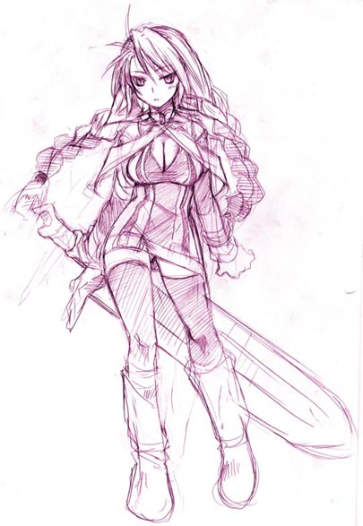 1girl boots braid breasts capelet cleavage detached_sleeves dress expressionless full_body huge_weapon knee_boots kumacchi large_breasts long_hair monochrome phantasy_star phantasy_star_universe purple sketch solo standing sword thigh-highs twin_braids weapon white_background