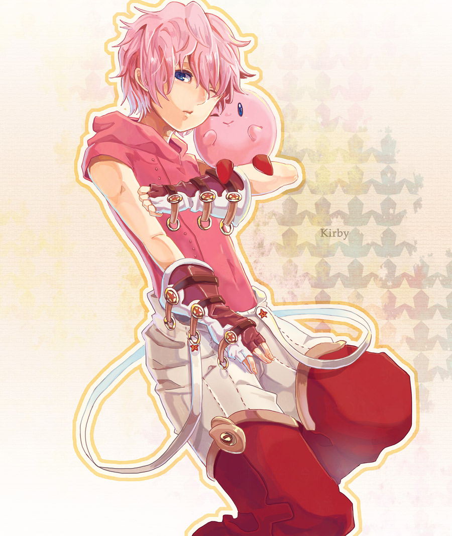 1boy arm_across_chest blue_eyes gloves humanized kirby nintendo pink_hair short_hair solo tagme winking