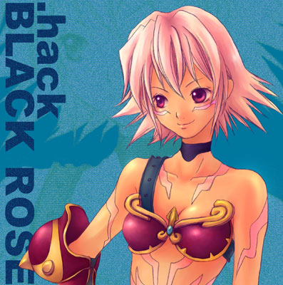 .hack// .hack//games 1girl bandai black_rose_(.hack//) blue_background character_name choker collarbone copyright_name cyber_connect_2 hack looking_to_the_side lowres pink_hair short_hair smile solo tattoo upper_body violet_eyes zoom_layer