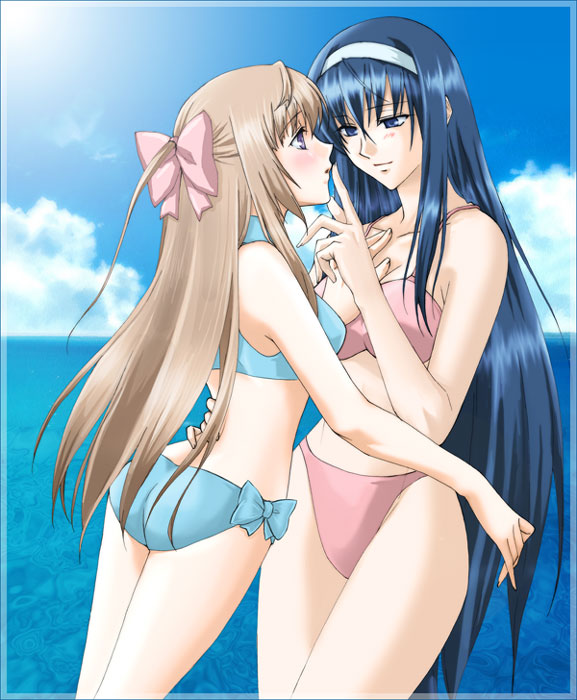 00s 2girls :o arm bare_arms bare_legs bare_shoulders bikini blue_eyes blue_hair blush bow breasts clouds collarbone couple female fervent_idiot finger_to_mouth hair_ornament hair_ribbon hairband half_updo hand_on_another's_chest himemiya_chikane hug kannazuki_no_miko kurusugawa_himeko legs light_brown_hair looking_at_another midriff multiple_girls mutual_yuri neck ocean pink_bow ribbon sea shushing sky smile swimsuit turtleneck very_long_hair violet_eyes yuri