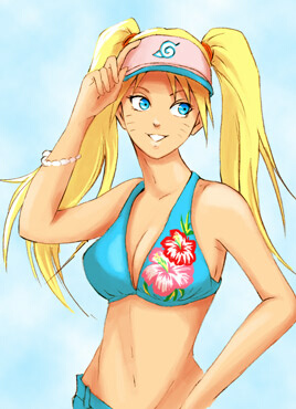 1girl bikini blonde_hair blue_eyes genderswap keroyon-jima lowres naruko naruto solo swimsuit twintails uzumaki_naruto