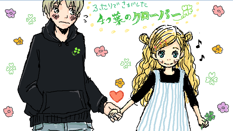 1boy 1girl aqua_eyes blonde_hair blush clover dress embarrassed four-leaf_clover hair_ornament hairclip hanamoto_hagumi hand_holding hand_in_pocket honey_and_clover hood jumper looking_at_viewer looking_away musical_note pinafore_dress quaver size_difference takemoto_yuuta wavy_hair