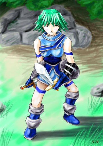 .hack// .hack//games 1girl arm_garter bandai boots breasts closed_eyes cyber_connect_2 dual_swords dual_wielding garters gloves grass green_hair hack natsume_(.hack//) outdoors shield short_hair solo sword weapon