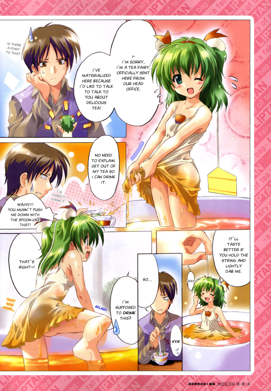 1boy 1girl :d ;d ^_^ apple barefoot closed_eyes comic cup drink fairy flying_sweatdrops food food_themed_clothes fruit green_hair hard_translated highres in_container in_cup in_food komatsu_eiji liptan minigirl one_eye_closed open_mouth original product_girl smile sweatdrop tea tea_fairy translated wet wink