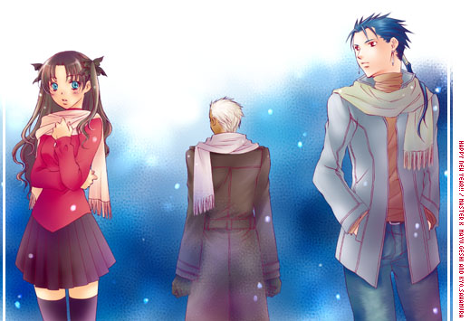 1girl 2boys archer black_legwear blue_eyes blue_hair brown_hair cowboy_shot earrings fate/stay_night fate_(series) gloves gradient gradient_background hands_in_pockets happy_new_year jacket jewelry lancer multiple_boys new_year outdoors pleated_skirt ponytail red_eyes red_shirt scarf shirt simple_background skirt snowing standing thigh-highs tohsaka_rin turtleneck watermark white_background white_hair winter_clothes zettai_ryouiki