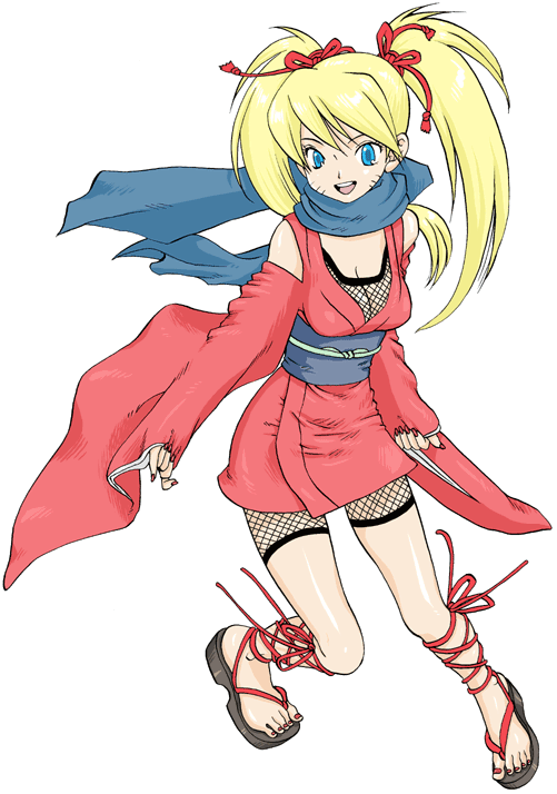 1girl blonde_hair blue_eyes cross-laced_footwear fishnets genderswap japanese_clothes kimono long_hair naruko naruto ninja ribbon sandals scarf short_kimono solo tamisuke twintails uzumaki_naruto