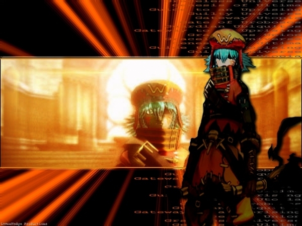 .hack// .hack//g.u. .hack//roots 1boy aqua_hair azure_kite bandai cyber_connect_2 dual_wielding hair_over_eyes hat male_focus short_hair solo strap sunset sword tattoo tri-edge weapon