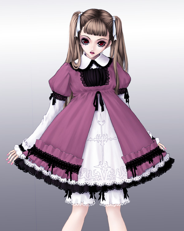 1girl bangs bloomers blunt_bangs brown_hair dress expressionless eyelashes gothic gothic_lolita gradient gradient_background grey_background hair_ribbon kunishige_keiichi lace lace-trimmed_dress layered_dress lipstick lolita_fashion long_hair looking_at_viewer makeup nail_polish nocturne nocturne_(kunishige_keiichi) original pink_nails red_eyes ribbon short_over_long_sleeves sleeves_past_wrists solo twintails underwear