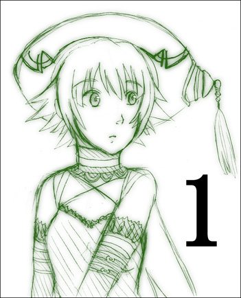 .hack// 1girl atoli atoli_(.hack//) bandai cyber_connect_2 detached_collar green hack hat looking_to_the_side lowres monochrome short_hair sketch solo upper_body yuura_shiu