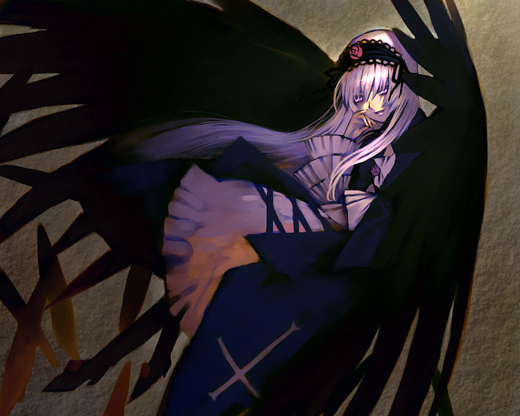 00s 1girl black_wings cross dress frilled_sleeves frills full_body hairband hand_on_own_cheek inverted_cross lolita_fashion lolita_hairband long_hair long_sleeves looking_at_viewer pink_eyes rozen_maiden sakamoto_mineji silver_hair smile solo suigintou wings
