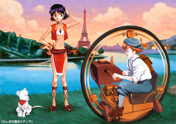 1boy 1girl 90s animal backpack bag bandeau bandeau_bikini black_hair blue_legwear boots bracelet clouds copyright_name dress_shirt earrings full_body fushigi_no_umi_no_nadia gainaxtop glasses hand_on_hip hat holding house jean_coq_de_raltigue jean_roque_raltique jewelry kimoto_tatsurou king_(nadia) lion loincloth midriff nadia navel neck_ring necklace orange_hair outdoors pants pelvic_curtain pendant purple_hair riding shirt shoes short_hair sleeves_rolled_up standing strapless tubetop vest water