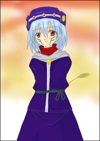.hack// .hack//games 1boy arms_behind_back bad_anatomy bandai blue_hair cyber_connect_2 elk_(.hack//) facial_mark grass hack hat lowres male_focus poorly_drawn red_eyes smile solo sunset turtleneck